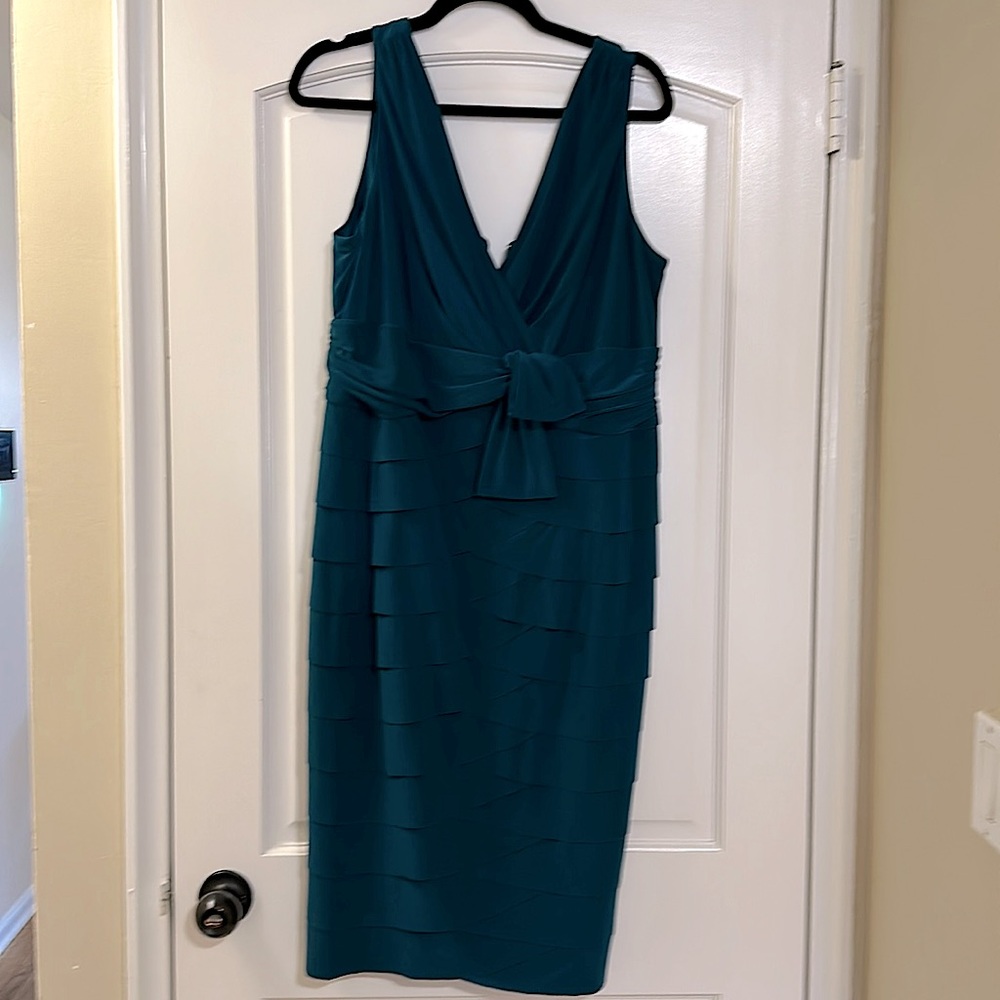 Sleeveless, emerald green, ruffled cocktail dress